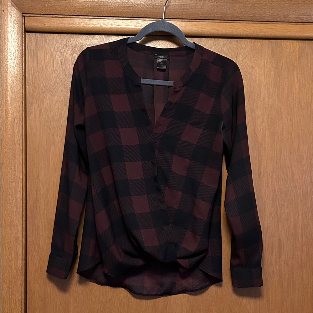 Ann Taylor Burgundy and Black Checkered Top
